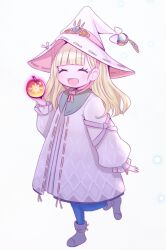Rule 34 | 1girl, akisame rizu, apple, blonde hair, blue pantyhose, closed eyes, coat, commentary request, diabellze the original sinkeeper, duel monster, food, fruit, full body, hat, holding, holding food, holding fruit, long hair, open mouth, pantyhose, risette of the white woods, smile, solo, white coat, white hat, witch, witch hat, yu-gi-oh!
