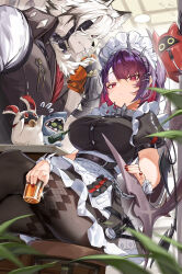 Rule 34 | 1boy, 1girl, absurdres, alcohol, animal ears, apron, belt, black dress, black gloves, black vest, bottle, brown thighhighs, chain, closed mouth, collared vest, colored inner hair, crossed legs, cup, dated, dress, drinking glass, ellen (touhou), eyepatch, fingerless gloves, flying sweatdrops, frown, furry, furry male, gloves, hair ornament, hairclip, highres, holding, holding bottle, holding cup, holding own tail, longchuan, looking at viewer, maid apron, maid headdress, mole, mole on arm, mole under eye, multicolored hair, one eye covered, puffy short sleeves, puffy sleeves, purple hair, red eyes, red hair, red nails, short hair, short sleeves, sitting, stool, tail, thighhighs, vest, von lycaon, whiskey, white apron, wolf boy, wolf ears, zenless zone zero