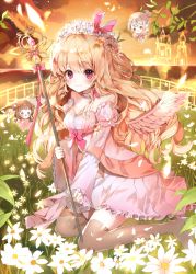 Rule 34 | 1girl, b rock, bad id, bad pixiv id, blonde hair, boots, bow, branch, chibi, choker, closed mouth, commentary, daisy, detached sleeves, dress, english commentary, feathered wings, fence, flower, grass, head wreath, holding, leaf, long hair, long sleeves, looking at viewer, meadow, original, outdoors, pink bow, pink dress, red eyes, sitting, sky, smile, solo focus, staff, thigh boots, thighhighs, white choker, white flower, white wings, wide sleeves, wings