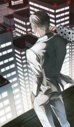 Rule 34 | blonde hair, building, feet out of frame, formal, from behind, grey suit, haine (xo hin), hand in pocket, highres, holding, holding weapon, jujutsu kaisen, long sleeves, nanami kento, night, outdoors, pants, short hair, standing, suit, weapon