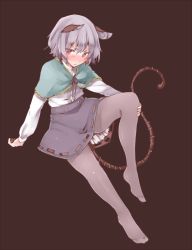 Rule 34 | 1girl, adapted costume, akagashi hagane, alternate costume, animal ears, barefoot, black pantyhose, blush, bow, brown background, capelet, embarrassed, grey hair, grey pantyhose, legs, long sleeves, mouse ears, mouse tail, nazrin, pantyhose, red eyes, shirt, short hair, simple background, skirt, solo, tail, touhou, white shirt