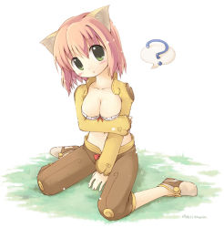 Rule 34 | 1girl, :o, ?, animal ears, between legs, blush, bow, breasts, cat ears, cleavage, emoticon, emudon, emurin, eyes visible through hair, full body, green eyes, hand between legs, head tilt, large breasts, looking at viewer, no socks, pink hair, ragnarok online, shoes, short hair, simple background, sitting, solo, thief (ragnarok online), wariza