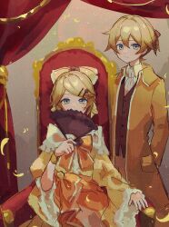 Rule 34 | 1boy, 1girl, aku no meshitsukai (vocaloid), aku no musume (vocaloid), allen avadonia, arms behind back, ascot, blonde hair, blue eyes, bow, bracelet, brother and sister, collared jacket, collared shirt, covering own mouth, dress, dress bow, dress ribbon, evillious nendaiki, expressionless, falling petals, frilled dress, frilled sleeves, frills, hair between eyes, hair bow, hair ornament, hair ribbon, hairclip, hand fan, high ponytail, highres, holding, holding fan, jacket, jewelry, kagamine len, kagamine rin, long sleeves, looking at viewer, off-shoulder dress, off shoulder, orange bow, orange ribbon, petals, princess, red curtains, ribbon, riliane lucifen d&#039;autriche, sazanami (ripple1996), shirt, short ponytail, siblings, sideways glance, sitting, standing, swept bangs, throne, twins, updo, vocaloid, white ascot, white shirt, wide sleeves, yellow bow, yellow dress, yellow jacket