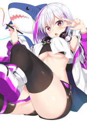 Rule 34 | 1girl, :o, ass, bandeau, bare shoulders, belt, black shorts, black thighhighs, breasts, headphones, headphones around neck, highres, holding, indie virtual youtuber, jacket, komori kuzuyu, long sleeves, looking at viewer, medium breasts, midriff, multicolored hair, nail polish, open clothes, open jacket, open mouth, purple nails, red eyes, shoes, short hair, short shorts, shorts, sleeveless, solo, streaked hair, stuffed animal, stuffed shark, stuffed toy, stylus, thighhighs, thighs, underboob, v, virtual youtuber, white footwear, white hair, white jacket
