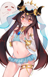 Rule 34 | 1girl, absurdres, bare shoulders, black hair, brooch, commentary request, cosplay, cowboy shot, crop top, detached sleeves, genshin impact, hair between eyes, highres, horns, hu tao (genshin impact), jewelry, long hair, long sleeves, midriff, navel, nilou (genshin impact), nilou (genshin impact) (cosplay), orange eyes, simple background, solo, standing, stomach, thighlet, thighs, twintails, veil, very long hair, white background, xiaoan ovo