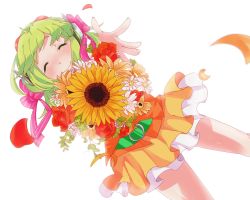 Rule 34 | 1girl, bad id, bad pixiv id, belt, bouquet, bow, dutch angle, flower, goggles, goggles on head, green hair, gumi, hair bow, petals, red flower, red rose, rose, short hair, skirt, smile, solo, sunflower, uryu, vocaloid