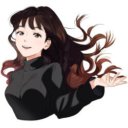 Rule 34 | 1girl, black sweater, breasts, brown eyes, brown hair, cropped torso, floating hair, long hair, long sleeves, looking at viewer, original, outstretched hand, ribbed sweater, simple background, smile, solo, sweater, turtleneck, turtleneck sweater, umishima senbon, wavy hair, white background