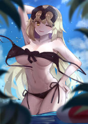 Rule 34 | 1girl, alternate costume, armpits, beach, bikini, black bikini, blonde hair, breasts, clueless, day, fate/grand order, fate (series), forehead protector, groin, hand in own hair, hand on own hip, jeanne d&#039;arc (fate), jeanne d&#039;arc alter (avenger) (fate), jeanne d&#039;arc alter (fate), large breasts, licking lips, looking at viewer, one eye closed, ryuuno6, shiny skin, solo, swimsuit, toned, tongue, tongue out, underboob, wardrobe malfunction, wet, yellow eyes