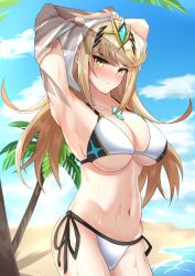 Rule 34 | 1girl, absurdres, adapted costume, armpits, arms up, beach, bikini, blonde hair, blush, breasts, chest jewel, cleavage, closed mouth, ega-chan, gem, hair ornament, headpiece, highres, jewelry, large breasts, light frown, long hair, looking at viewer, mythra (xenoblade), navel, nintendo, ocean, palm tree, shirt, shy, side-tie bikini bottom, solo, swept bangs, swimsuit, tiara, tree, tsundere, undressing, wet, white bikini, white shirt, xenoblade chronicles (series), xenoblade chronicles 2, yellow eyes