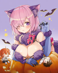 Rule 34 | 1girl, animal ear fluff, animal ears, animal print, bare shoulders, bat print, blush, bow, breasts, chaldea uniform, character doll, claw pose, cleavage, closed mouth, commentary request, elbow gloves, fang, fate/grand order, fate (series), fujimaru ritsuka (female), fujimaru ritsuka (male), fur trim, gloves, hair over one eye, halloween costume, hand up, kokko (kokko3045), large breasts, looking at viewer, mash kyrielight, mash kyrielight (dangerous beast), navel, o-ring, official alternate costume, one eye closed, open mouth, pink bow, pumpkin, purple eyes, purple gloves, revealing clothes, short hair, smile, solo, tail, wolf ears, wolf tail