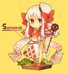 Rule 34 | 1girl, argyle, argyle clothes, argyle dress, blush, bow, breasts, bright pupils, character name, chibi, commentary request, detached sleeves, dress, expressionless, full body, fur collar, hair bow, hat, holding, holding staff, long hair, looking at viewer, lowres, medium bangs, open mouth, ragnarok online, red bow, red eyes, sailor hat, sandals, shiroroko, side slit, sidelocks, simple background, skull, small breasts, solo, sorcerer (ragnarok online), staff, white dress, white hair, white hat, white pupils, white sleeves, yellow background