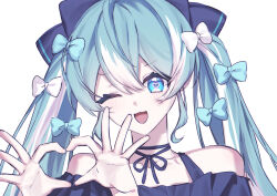 1girl 4-finger_heart_hands absurdres bare_shoulders black_dress black_ribbon blue_bow blue_eyes blue_hair bow collarbone dress hair_between_eyes hair_bow hair_ribbon hatsune_miku heart heart-shaped_pupils heart_hands highres long_hair looking_at_viewer multicolored_hair neck_ribbon one_eye_closed open_mouth ribbon sidelocks simple_background solo streaked_hair suj278 symbol-shaped_pupils twintails vocaloid white_background white_bow white_hair