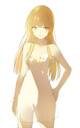 Rule 34 | 1girl, blonde hair, bracelet, breasts, cleavage, dress, flower, hand on own hip, jewelry, long hair, lpip, necklace, no bra, original, small breasts, solo, strapless, strapless dress, white background, white dress, white flower, yellow eyes