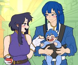 Rule 34 | 1boy, 2girls, apple, apple slice, baby, baby carrier, black hair, blue hair, carrying, commission, commissioner upload, father and daughter, fire emblem, fire emblem: genealogy of the holy war, food, fruit, highres, holding, holding baby, holding food, holding fruit, if they mated, larcei (fire emblem), loopvoid, missing tooth, mother and daughter, multiple girls, nintendo, onesie, open mouth, ponytail, purple tunic, red apple, seliph (fire emblem), sidelocks, smile, town, tunic