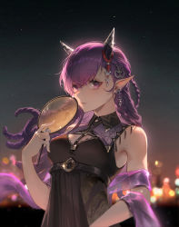 Rule 34 | 1girl, arknights, black dress, breasts, commentary request, dress, earrings, hand fan, hand up, highres, holding, holding fan, horns, jewelry, lava (arknights), lava the purgatory (arknights), lava the purgatory (dusk wisteria) (arknights), long hair, looking at viewer, medium breasts, night, night sky, outdoors, paper fan, pointy ears, purple eyes, purple hair, shawl, sky, sleeveless, sleeveless dress, softkittywarmkitty, solo, uchiwa, upper body