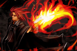Rule 34 | black robe, card, card on fire, fire, holding, holding card, jewelry, long coat, magician, male focus, manly, pyrokinesis, red eyes, red hair, rickar, ring, robe, solo, stiyl magnus, toaru majutsu no index