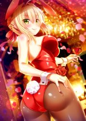 Rule 34 | 1girl, animal ears, ass, ass grab, bare shoulders, black pantyhose, blonde hair, blush, bow, breasts, cup, drinking glass, fake animal ears, fate (series), flower, grabbing own ass, green eyes, hair bow, hair intakes, hand on own ass, holding, holding cup, holding drinking glass, izumi akane, large breasts, lens flare, leotard, looking at viewer, looking down, nero claudius (fate), nero claudius (fate) (all), pantyhose, petals, pink petals, playboy bunny, rabbit ears, rabbit girl, rabbit tail, red bow, red flower, red ribbon, red rose, ribbon, rose, shoulder blush, smile, solo, sparkle, tail, underboob, wine glass, wrist cuffs