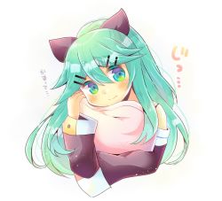 Rule 34 | 1girl, absurdres, bare shoulders, black ribbon, black sleeves, blush, closed mouth, detached sleeves, green eyes, green hair, hair between eyes, hair ornament, hair ribbon, hairclip, hand up, highres, kantai collection, kou hiyoyo, long hair, long sleeves, hugging object, pillow, pillow hug, ponytail, ribbon, smile, solo, translation request, upper body, white background, yamakaze (kancolle)