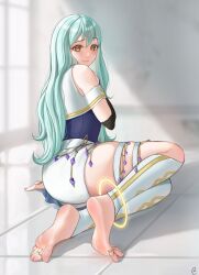 Rule 34 | 1girl, angel, aqua hair, bare shoulders, barefoot, barefoot sandals (jewelry), blue hair, blurry, blurry background, blush, bridal gauntlets, closed mouth, commission, commissioner upload, elbow gloves, feet, french nails, from side, full body, gloves, greek toe, half-skirt, halo, halo anklet, highres, indoors, jewelry, legs, long hair, long toes, looking at viewer, nikishiko, non-web source, original, purple nails, shadow, sitting, skindentation, smile, smug, soles, solo, spread toes, strap, teasing, thigh strap, thighs, tile floor, tiles, toe ring, toenails, toes, yellow eyes, yellow halo