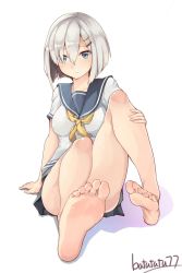Rule 34 | 10s, 1girl, batatata77, blue eyes, breasts, feet, female focus, foot focus, hair ornament, hair over one eye, hairclip, hamakaze (kancolle), highres, kantai collection, large breasts, looking at viewer, pleated skirt, school uniform, serafuku, short hair, silver hair, simple background, sitting, skirt, solo, toes, twitter username