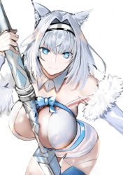 Rule 34 | 1girl, animal ear fluff, animal ears, axe, bare shoulders, blue bow, blue eyes, blue ribbon, blue thighhighs, blush, bow, breasts, cat ears, cat girl, cleavage, detached collar, detached sleeves, dobrynya nikitich (fate), dress, fate/grand order, fate (series), fur trim, hair bow, hair intakes, hairband, jikihatiman, large breasts, long hair, looking at viewer, low ponytail, navel, ribbon, short dress, thighhighs, thighs, white dress, white hair