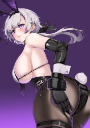 Rule 34 | 1girl, absurdres, animal ears, arm strap, ass, ass grab, azur lane, backless leotard, black leotard, black pantyhose, breasts, commentary, cowboy shot, deep skin, earrings, elbow gloves, fake animal ears, fake tail, from behind, gloves, gradient background, highres, jewelry, large breasts, leaning forward, leotard, light smile, long hair, marumai, mechanical hands, metal gloves, official alternate costume, pantyhose, parted hair, pink lips, playboy bunny, ponytail, purple background, purple eyes, rabbit ears, rabbit tail, reno (azur lane), reno (reno bunnino) (azur lane), shiny clothes, single elbow glove, single mechanical hand, skindentation, solo, tail
