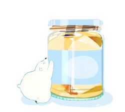 Rule 34 | 1other, = =, bear, chai (drawingchisanne), commentary request, closed eyes, full body, jam, jar, label, lid, no humans, original, oversized object, polar bear, profile, shadow, simple background, white background, white fur