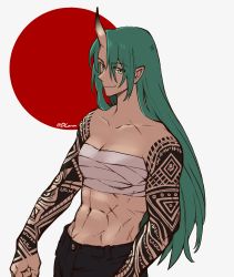 Rule 34 | 1girl, abs, arknights, bandages, bare arms, bare shoulders, black pants, breasts, chest sarashi, circle, cleavage, clenched hand, commentary, dlanon, english commentary, green hair, grey background, grey eyes, hair ribbon, horns, hoshiguma (arknights), long hair, looking at viewer, midriff, navel, pants, pointy ears, ribbon, sarashi, simple background, single horn, small breasts, smile, solo, stomach, strapless, tube top, upper body, very long hair