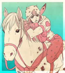 Rule 34 | 1boy, androgynous, animal, arm warmers, bad id, bad pixiv id, bag, blue background, border, dororosso, expressionless, gradient background, hat, heart, heart print, horse, horseback riding, horseshoe, johnny joestar, jojo no kimyou na bouken, leaning forward, limited palette, looking to the side, male focus, monochrome, pants, pink hair, pink pants, riding, short sleeves, simple background, star (symbol), star print, steel ball run
