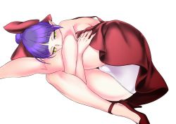 Rule 34 | 1girl, ass, cat girl, dress, female focus, fetishist, gegege no kitarou, high heels, highres, lying, nekomusume, nekomusume (gegege no kitarou 6), panties, pantyshot, purple hair, red dress, shoes, simple background, slit pupils, solo, underwear, white background, white panties, yellow eyes