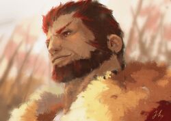 Rule 34 | 1boy, adam&#039;s apple, animated, animated gif, beard, cape, facial hair, fate/grand order, fate (series), iskandar (fate), light smile, looking ahead, male focus, mature male, portrait, red eyes, red hair, short hair, smile, solo, square face, thick neck, yueliang lian (1570050215)