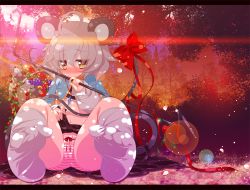 Rule 34 | 1girl, animal ears, apple, basket, blush, cameltoe, capelet, clothes lift, dowsing rod, feet, female focus, food, forest, fruit, goriyaku, grapes, grey hair, jewelry, lens flare, letterboxed, midriff, mouse (animal), mouse ears, mouse tail, nature, nazrin, necklace, no shoes, panties, pendant, petals, raspberry, ribbon, shirt, short hair, sitting, skirt, skirt lift, smile, solo, striped clothes, striped panties, sunset, tail, tail ornament, tail ribbon, touhou, underwear, upskirt, yellow eyes