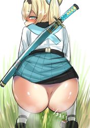 Rule 34 | 1girl, ass, blonde hair, blue eyes, highres, hololive, japanese clothes, junn (3zqte), kazama iroha, looking at viewer, looking back, no panties, outdoors, peeing, solo, squatting, sword, virtual youtuber, weapon