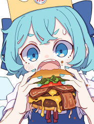 Rule 34 | 1girl, absurdres, blue bow, blue dress, blue eyes, blue hair, blue nails, blush, bow, burger, burger malfunction, cirno, crown, dress, fairy, fingernails, food, hair bow, highres, holding, holding food, ice, ice wings, kame (kamepan44231), nail polish, open mouth, paper crown, shirt, short hair, short sleeves, simple background, solo, touhou, upper body, white background, white shirt, wings