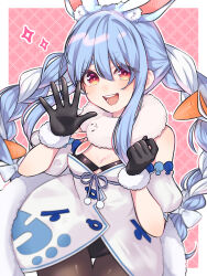 Rule 34 | 1girl, :d, absurdres, animal ear fluff, animal ears, black gloves, black leotard, black pantyhose, blue hair, blue ribbon, blush, border, bow, braid, breasts, carrot hair ornament, carrot print, cleavage, clenched hand, clothing cutout, coat dress, cowboy shot, detached sleeves, don-chan (usada pekora), double-parted bangs, dress, dress ribbon, extra ears, eyelashes, eyes visible through hair, food-themed hair ornament, food print, fur-trimmed dress, fur-trimmed gloves, fur scarf, fur trim, gloves, grid background, hair bow, hair ornament, hands up, highres, hololive, leaning forward, leotard, long hair, looking at viewer, multicolored hair, nibochoro, open mouth, orange eyes, outstretched hand, pantyhose, pink background, playboy bunny, polka dot, polka dot ribbon, print dress, puffy short sleeves, puffy sleeves, rabbit-shaped pupils, rabbit ears, rabbit girl, ribbon, scarf, short eyebrows, short sleeves, sidelocks, small breasts, smile, sparkle, strapless, strapless dress, strapless leotard, symbol-shaped pupils, teeth, thick eyebrows, thigh gap, thighs, grid background, twin braids, two-tone hair, underboob cutout, underbust, usada pekora, usada pekora (1st costume), virtual youtuber, waving, white border, white bow, white dress, white hair, white scarf, white sleeves