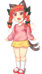 Rule 34 | 1girl, :d, aged down, alternate costume, animal ears, backpack, bag, blush, bow, braid, breasts, cat ears, child, fang, full body, hagezizii, happy, kaenbyou rin, multiple tails, nekomata, open mouth, red eyes, red hair, shoes, simple background, skin fang, skirt, small breasts, smile, solo, sparkle, standing, tail, touhou, two tails, white background