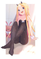 Rule 34 | 1girl, abigail williams (fate), bare shoulders, black leotard, black pantyhose, blonde hair, blue eyes, blush, breasts, collarbone, fate/grand order, fate (series), forehead, highres, knees up, legs, leotard, long hair, looking at viewer, miaohik, open mouth, pantyhose, parted bangs, sidelocks, sitting, small breasts, smile, solo, stuffed animal, stuffed toy, teddy bear, wrist cuffs