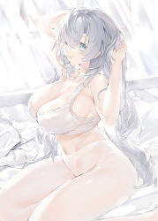 Rule 34 | 1girl, absurdres, adjusting hair, blue eyes, bra, breasts, cleavage, commentary request, grey hair, highres, kou mashiro, large breasts, long hair, looking at viewer, mouth hold, navel, one eye closed, original, pantyhose, shirt, unworn shirt, sitting, smile, solo, underwear, white bra, white pantyhose, white shirt