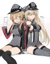 Rule 34 | 10s, 2girls, anchor hair ornament, back-to-back, bare shoulders, bespectacled, bismarck (kancolle), blonde hair, blue eyes, breasts, brown gloves, detached sleeves, german text, glasses, gloves, hair ornament, hat, hayashi kewi, kantai collection, long hair, medium breasts, military, military uniform, multiple girls, one eye closed, open mouth, peaked cap, prinz eugen (kancolle), revision, salute, sitting, smile, thighhighs, translated, twintails, uniform, vulcan salute, white gloves