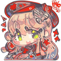Rule 34 | 1girl, :d, beret, black shirt, blonde hair, blush stickers, chibi, dated, earrings, emma (nikke), goddess of victory: nikke, green eyes, hair ribbon, hat, jewelry, jrpencil, long hair, open mouth, ribbon, shirt, signature, smile, solo