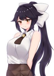 Rule 34 | 1girl, absurdres, arms behind back, azur lane, bare shoulders, black hair, bow, breasts, closed mouth, commentary request, highres, large breasts, long hair, looking at viewer, mapyarong, ponytail, solo, takao (azur lane), upper body