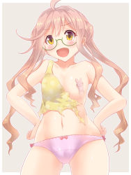 Rule 34 | 1girl, :d, absurdres, ahoge, rabbit, censored, collarbone, commentary request, convenient censoring, double bun, flat chest, glasses, gluteal fold, hands on own hips, highres, kantai collection, koumei (twinameless), long hair, looking at viewer, makigumo (kancolle), navel, censored nipples, open mouth, panties, pink hair, pink panties, simple background, singlet, smile, torn clothes, twintails, underwear, yellow eyes