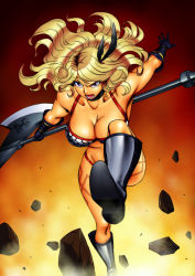 Rule 34 | 1girl, amazon (dragon&#039;s crown), armor, bare shoulders, bikini armor, blonde hair, boots, breasts, circlet, cleavage, collarbone, debris, dragon&#039;s crown, feathers, gloves, groin, halberd, highres, large breasts, long hair, looking at viewer, matsuda shin, muscular, open mouth, orange background, outstretched arm, polearm, purple eyes, running, solo, tattoo, thick thighs, thighs, vanillaware, weapon