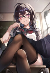 Rule 34 | 1girl, absurdres, ahoge, black-framed eyewear, black hair, black sailor collar, black skirt, board, braid, brown thighhighs, chair, clock, clothes lift, commentary request, crossed legs, feet out of frame, glasses, hair between eyes, highres, indoors, legs, lifting own clothes, long hair, looking at viewer, neckerchief, on chair, original, parted lips, pink eyes, red neckerchief, sailor collar, school uniform, serafuku, short sleeves, sitting, skirt, skirt lift, smile, solo, thighhighs, thighs, twin braids, yufou