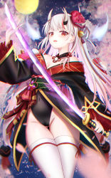Rule 34 | 1girl, absurdres, black choker, black kimono, blurry, blurry background, breasts, cherry blossoms, choker, cleavage, covered navel, full moon, hair ornament, highleg, highres, holding, holding sword, holding weapon, hololive, horns, japanese clothes, katana, kimono, looking at viewer, mask, mask on head, moon, multicolored hair, nakiri ayame, nakiri ayame (1st costume), night, night sky, obi, off shoulder, oni mask, open mouth, outdoors, petals, red eyes, red hair, sash, shihaku rare, silver hair, skin-covered horns, sky, small breasts, streaked hair, sword, thighhighs, thighs, virtual youtuber, weapon, white thighhighs, wide sleeves, yellow moon