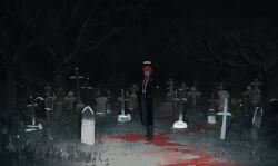 Rule 34 | 1girl, bare tree, black coat, black necktie, black pants, blood on ground, blood trail, braid, braided ponytail, chainsaw man, coat, collared shirt, dark, formal, grave, graveyard, halo, hands in pockets, highres, kgynh, looking at viewer, makima (chainsaw man), medium hair, necktie, night, pants, red hair, shirt, shirt tucked in, sidelocks, snowing, solo, standing, suit, tombstone, tree, white shirt, wide shot