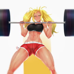 Rule 34 | 1girl, abs, bare arms, bare shoulders, black tank top, blonde hair, cameltoe, closed mouth, collarbone, dark skin, dark-skinned female, dumbbell, dumbbell nan kilo moteru?, covered erect nipples, female focus, gluteal fold, green eyes, highres, long hair, midriff, muscular, muscular female, navel, sakura hibiki, shorts, skin tight, solo, sweat, tank top, twintails, two-tone background, white background, yellow background, zcune