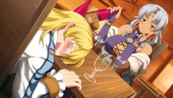Rule 34 | 1boy, 1girl, @ @, bare shoulders, blonde hair, blue eyes, blush, bottle, braid, braided ponytail, breasts, cleavage cutout, clothing cutout, cup, dark skin, dress, drinking glass, drunk, dutch angle, earrings, eiyuu densetsu, facial mark, falcom, forehead mark, game cg, hairband, halterneck, hand on own face, hoop earrings, jewelry, large breasts, long hair, long sleeves, looking at another, midriff, multi-tied hair, nail polish, navel, necklace, official art, olivert reise arnor, open mouth, parted bangs, ponytail, scherazard harvey, shirt, short hair, silver hair, smile, sora no kiseki, table, unconscious, wine bottle, wine glass
