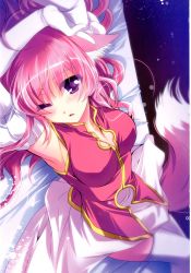 Rule 34 | 10s, 1girl, ahoge, animal ear fluff, animal ears, armpits, breasts, cleavage, dog days, dog ears, dog girl, dog tail, gloves, highres, kanna (plum), millhiore f. biscotti, one eye closed, pink hair, purple eyes, solo, tail, white gloves