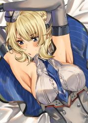 Rule 34 | 1girl, armpits, arms up, bed sheet, between breasts, blonde hair, blue eyes, blue necktie, blush, braid, breasts, cape, colorado (kancolle), corset, dress, elbow gloves, french braid, gloves, grey dress, grey gloves, grey headwear, highres, inusaka, kantai collection, looking to the side, lying, medium breasts, necktie, necktie between breasts, on back, on bed, open mouth, short hair, sideboob, solo